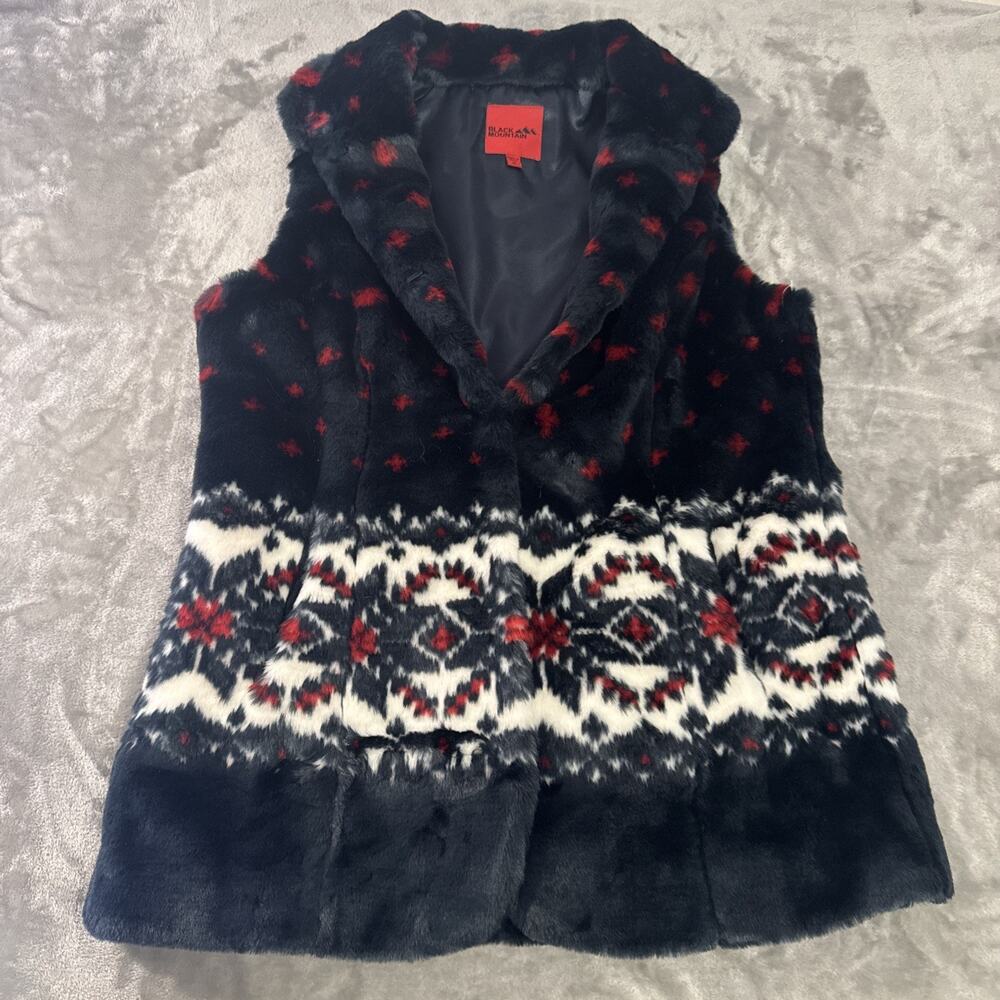 Black Mountain Women’s Faux Fur Vest Medium Black Christmas Themed snowflakes